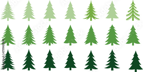 Evergreen tree icons, green pine silhouettes, conifer forest elements, Christmas tree vector collection for nature design, winter decoration, illustration, and landscape graphics