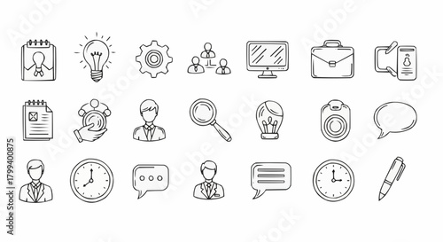 Doodle style business icons representing various aspects of work and management processes and productivity
