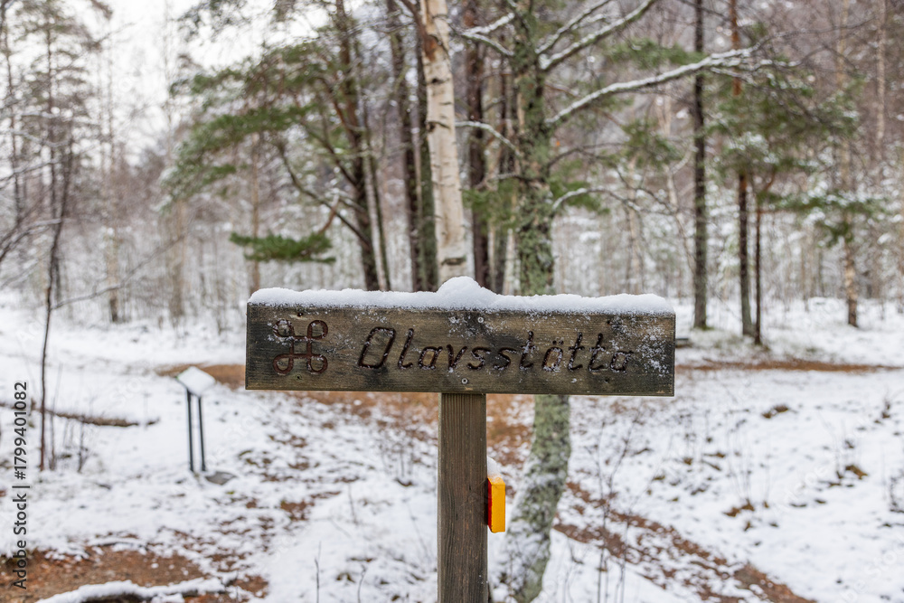 Naklejka premium A tall stone marker stands in the snowy forest, surrounded by pine trees and distant mountains, the metal cross atop it rising quietly into the winter sky. location Olavsstøtta in Norway.