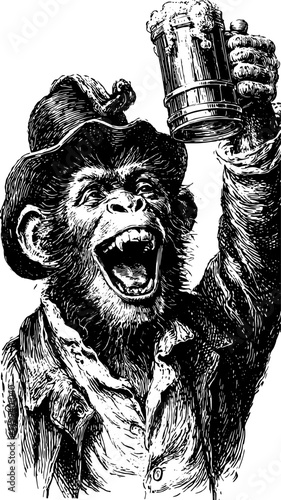 Monkey holding a beer in celebration. Black and white vector illustration with hand-drawn outline style depicting joy and excitement in a retro set.