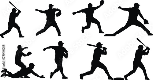 Baseball player silhouettes in action poses, athletic sports vector set, batting, pitching, fielding illustrations for training, coaching, and game design
