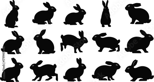 Rabbit silhouette collection featuring various poses and actions, wildlife animal illustration set, bunny outline graphics for design, nature artwork elements
