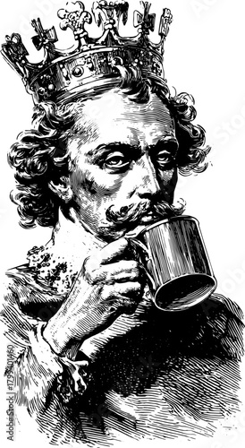 King holding a mug in vintage style. Black vector illustration showcases historical details, perfect for classic art themes in a decorative set.