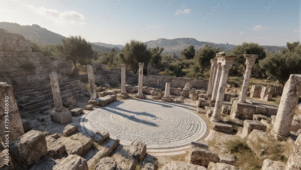 Obraz premium Ancient Greek Theater Ruins with Stone Columns and Mountain Backdrop.