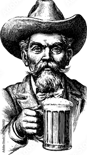 Man holding a beer mug. Vintage engraving illustration featuring a character with a mustache and hat, depicted in a retro, hand-drawn style, vector illustration.