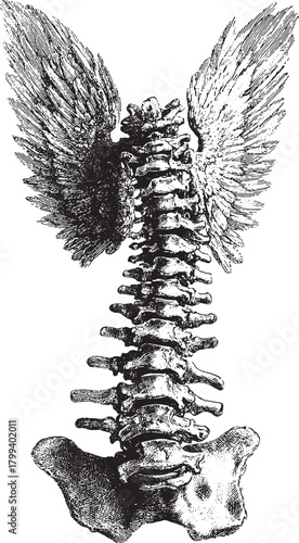 Spine with wings shown in anatomical style. Vintage black and white vector illustration with engraved detail.
