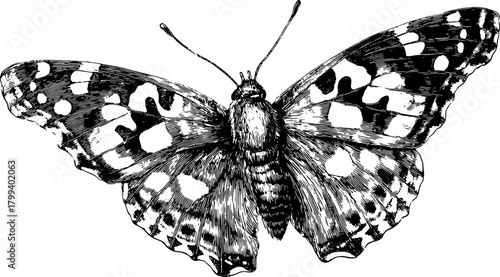 Detailed butterfly engraving in black line art style. This vintage vector illustration features intricate outlines and stippling perfect for antique prints.