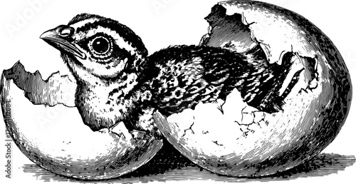 Chick emerging from cracked egg in vintage engraving style. Detailed black and white vector illustration of nature's reproduction process.