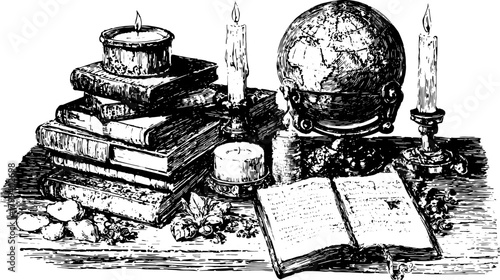 Engraving of stacked books, a globe, and candles. Vintage illustration depicting a decorative set for study and knowledge in a classic style.
