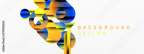 Abstract geometric shapes overlap, creating vibrant design. Blue, orange, yellow hues dominate white space. Modern background element.