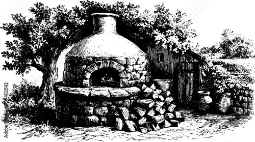 Antique engraving of a rural scene featuring a stone kiln and firewood. Detailed vector illustration highlighting craftsmanship in a vintage style.