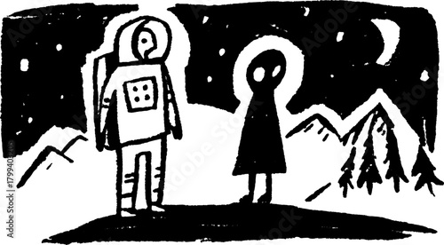 Astronaut and silhouette in black outline. Hand-drawn night landscape featuring mountains and stars, presented as a vector illustration.