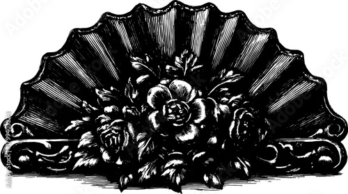Antique engraving featuring a decorative fan design. Hand-drawn floral outline in black, this vintage vector illustration showcases detailed craftsmanship.