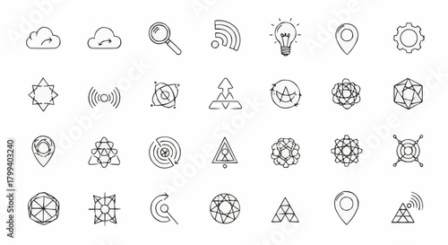 Collection of hand drawn icons featuring cloud, search, wifi, lightbulb, location, and gear symbols