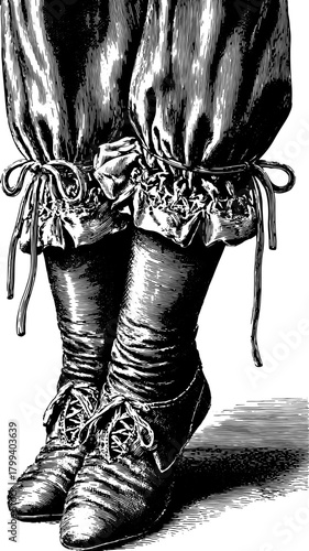 Antique footwear engraving illustrating detailed craftsmanship. This vintage design is presented in a black-and-white vector illustration style.