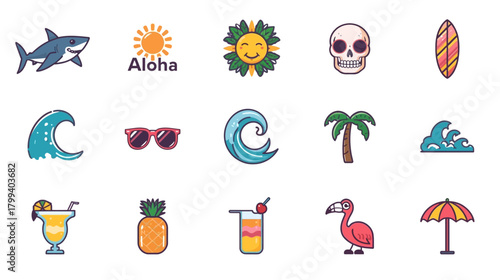 Collection of summer themed icons and clip art.