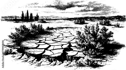 Illustration of a cracked desert landscape. Retro engraving style features barren ground and silhouetted vegetation in a vintage vector format.