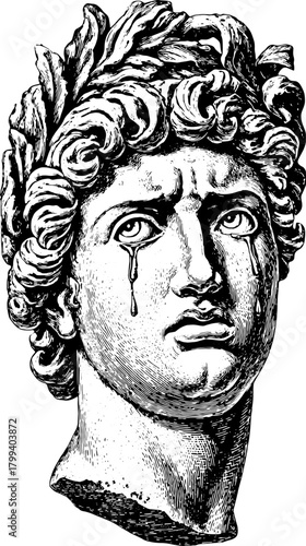 A classical male statue with a crying expression. The artwork features detailed lineart in monochrome vector style, showcasing realism in this illustration.