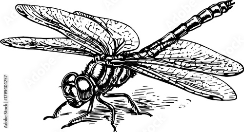 Vintage dragonfly engraving in black outline. Detailed insect vector illustration, featuring a realistic depiction of an elongated, winged creature.