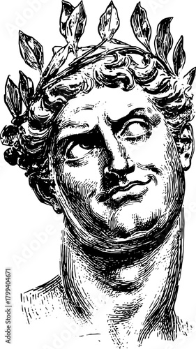 Engravings of an antique silhouette. Black and white vector illustration illustrating a classical head statue with vintage craftsmanship details.