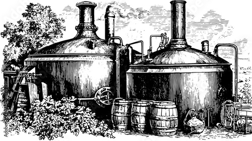 Antique engraving of a brewery featuring large copper vessels and casks. Detailed vector illustration showcases the machinery used in the brewing process.