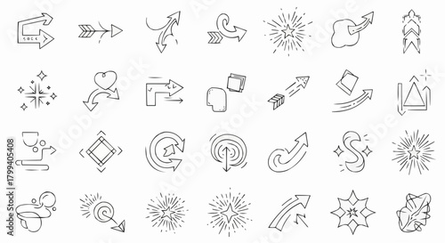 Collection of hand drawn arrows and design elements including stars circles and abstract shapes artfully arranged