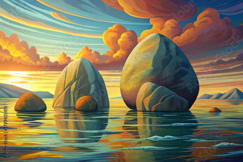 Peaceful sea with glowing golden sunlight reflecting on water, smooth waves and soft pastel sky at sunset