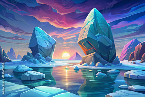 Silent icy ocean with giant icebergs vector cartoon, frozen surface and pale blue horizon under soft winter sunlight