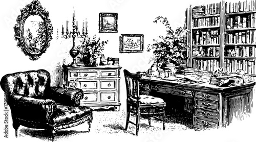 Antique engraving of a vintage office scene. Features a stylish sofa, desk, and bookshelf in a vector illustration set.