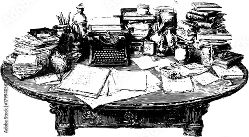 A vintage desk with a typewriter surrounded by books, papers, and containers. This detailed vector illustration emphasizes a cluttered workspace set for creativity.