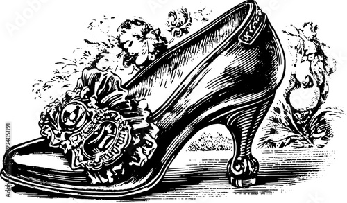 Vintage shoe engraving illustration with elaborate floral outline. Decorative black and white vector set featuring classic high heel fashion design.