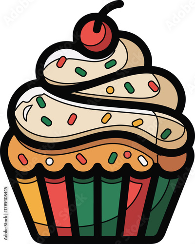 Dynamic layered dessert vector illustration with colorful sprinkles and a red cherry on a dark background