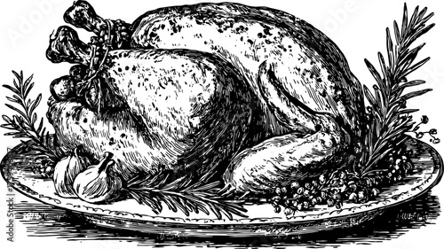Vintage black and white outline vector illustration of roast chicken on a platter, featuring detailed herbs like rosemary and garlic in a culinary set.