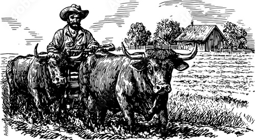 Vintage vector illustration of a farmer plowing a field with cows. Black and white outline drawing showcasing rural agriculture in a scenic landscape.