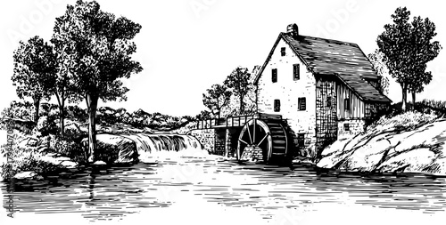 Vintage watermill building with trees and river. Black and white outline illustration, showcasing a scenic landscape vector art set.