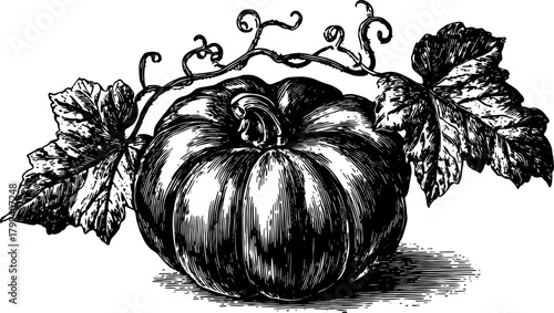 Black and white outline drawing of a pumpkin with leaves and stem. Vintage vector illustration ideal for decor or print.