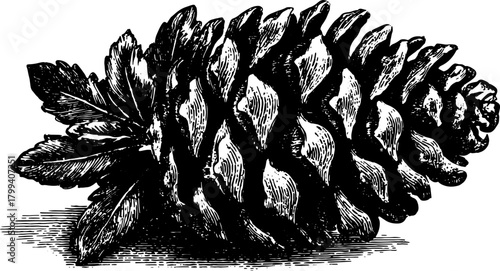 Pine cone vector illustration in black and white outline. Vintage drawing set showcasing nature with detailed style and simple graphic design.