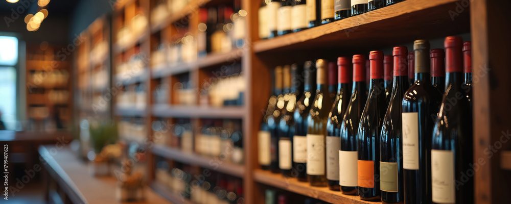 Fototapeta premium Rows of wine bottles on shelves in dimly lit store. Blurred background creates warm inviting ambiance perfect for beverage advertising or wine bar concepts. Diverse selection offers quality choices.