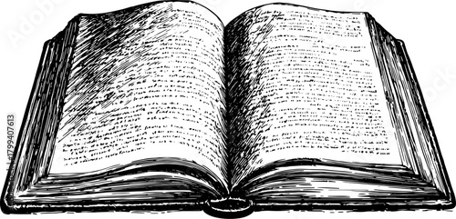 Open book with visible pages and text. Vintage hand sketch style vector illustration with detailed line drawing.