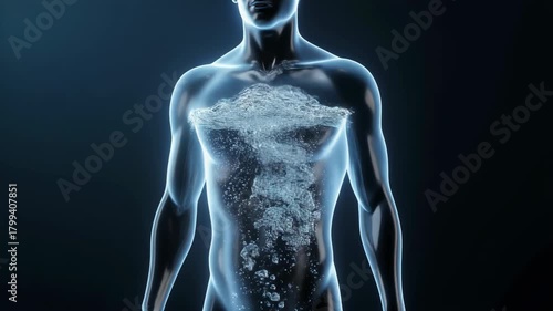Transparent Human Torso Filled with Bubbling Water in Dark body translucent