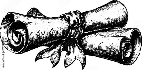 Vintage black and white scroll vector illustration. Detailed outline drawing of a rolled document tied with ribbon, showcasing classic craftsmanship.