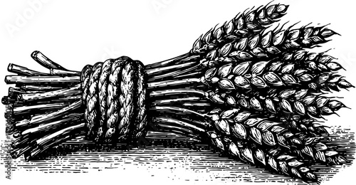 Wheat stalks bundled together, tied with rope in a vintage outline style. This black and white vector illustration showcases agricultural elements.