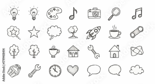 Illustration of various hand drawn icons including lightbulbs camera rocket and other sketch style elements