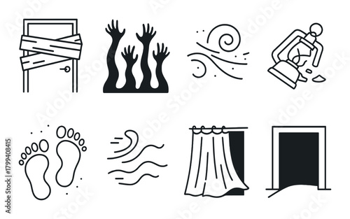 Silhouette of various haunted themes: ghostly hands, swirling wind, old lantern, footprints, curtains, doorway