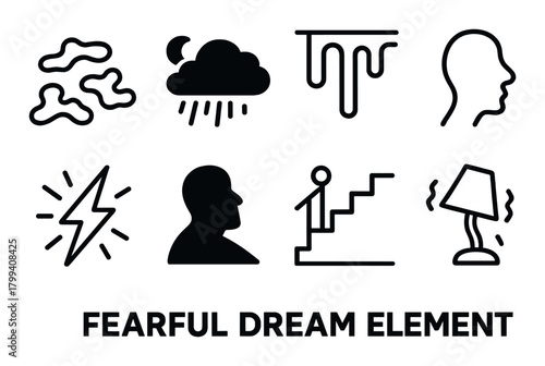 Fearful dream elements: lightning, clouds, stairs, lamp, figures, male profile