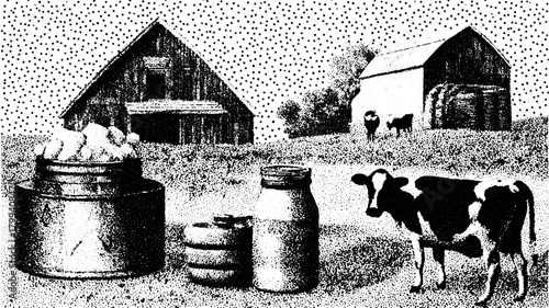 Farm scene featuring a cow, barn, and milk can. Rural vector illustration in a hand-drawn style, depicting a simple and scenic landscape set.
