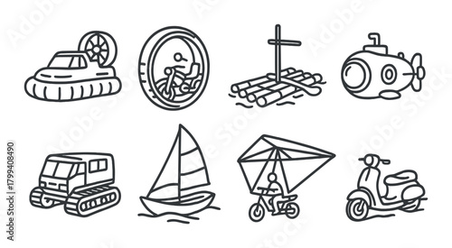 Collection of various modes of transportation: submarine, sailboat, raft, bicycle, hovercraft, atv, scooter, hang glider