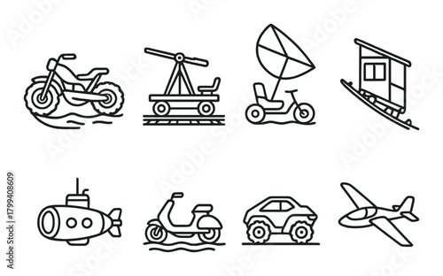 Collection of simple line art vehicles on olive background