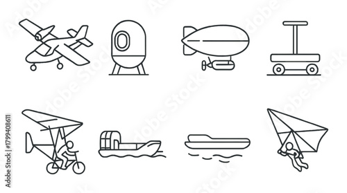 Minimalist vector line art of various modes of transportation