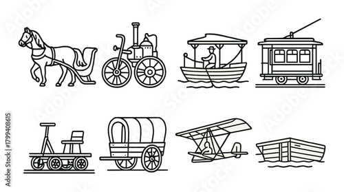 Illustrated transportation icons: horse carriage, steam engine, boat, train, wagon, plane, cart, ship